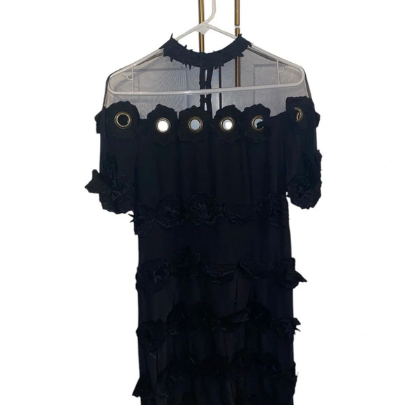 Free People Mini Dress Black Crepe Appliqué Grommet Mesh Neckline - Picture 8 of 14